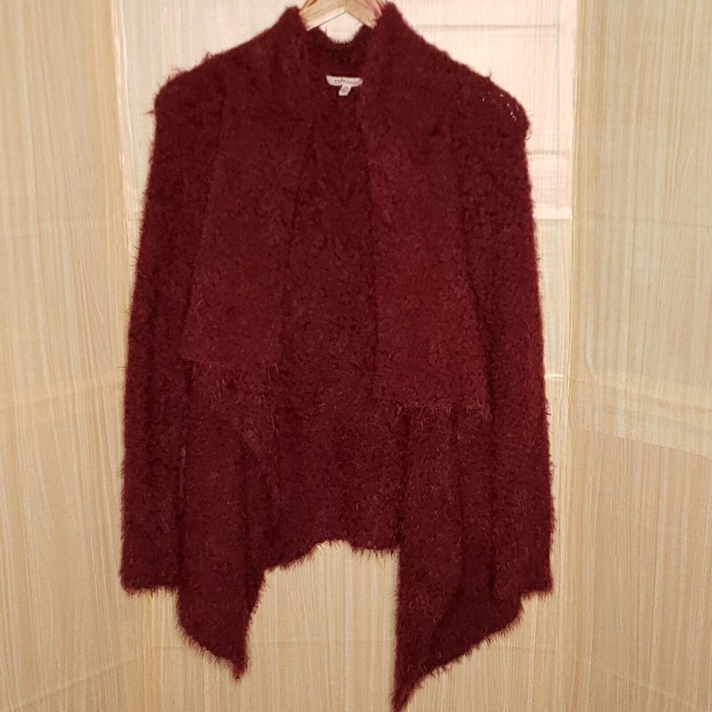 Cozy Casual Womens Maroon Soft Fuzzy Chunky Cardigan Sweater Small/medium